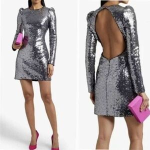 Rachel Zoe Silver Sequin Long-Sleeve Open-Back Mini Dress